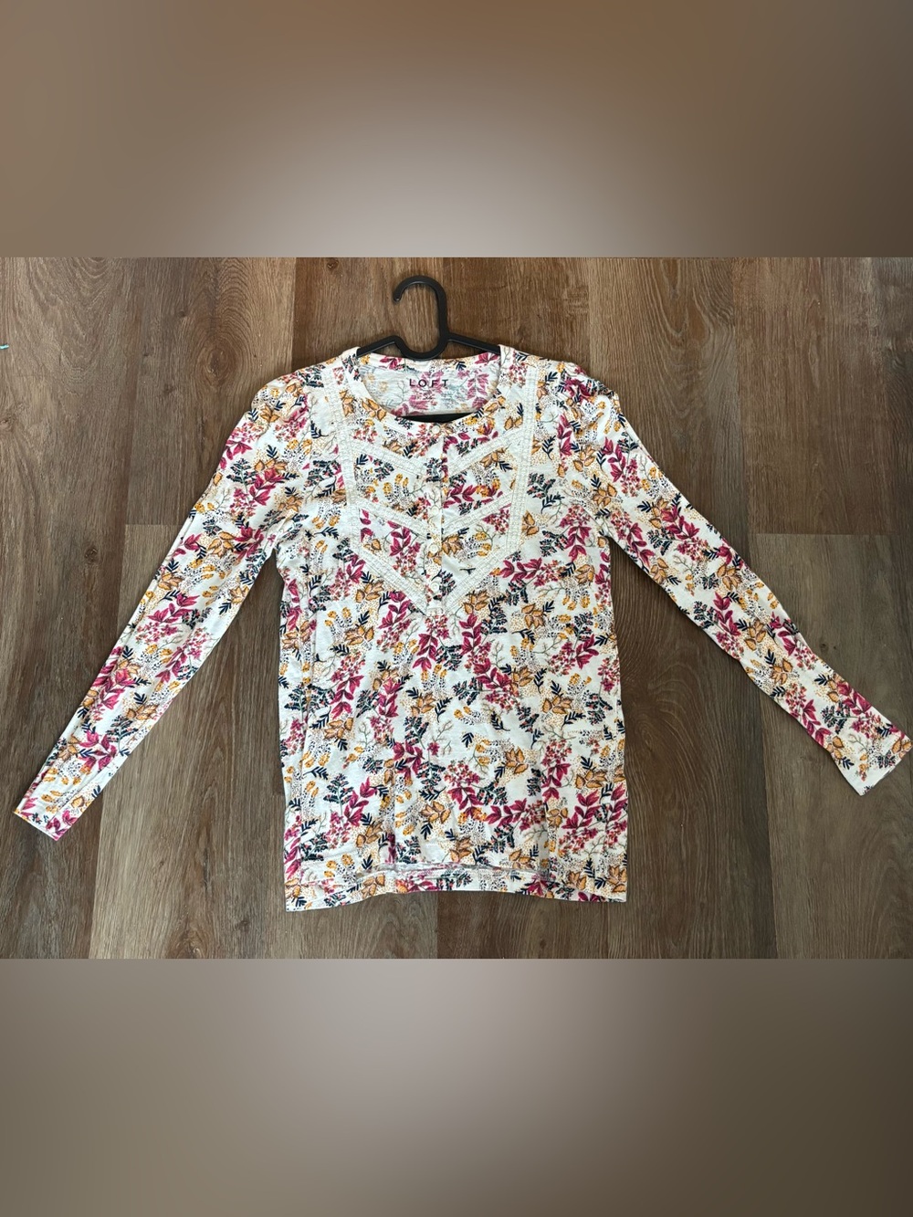 LOFT White Floral Lace-Trim Long Sleeve Tee